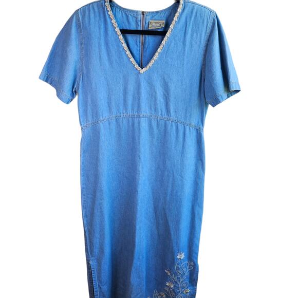 🦃Vintage Monique Fashions Chambray Denim Maxi Dress Floral Embroidered Size 10 - Picture 5 of 9